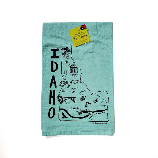 Dyed Idaho Map Tea Towel, Screen Printed flour sack towel
