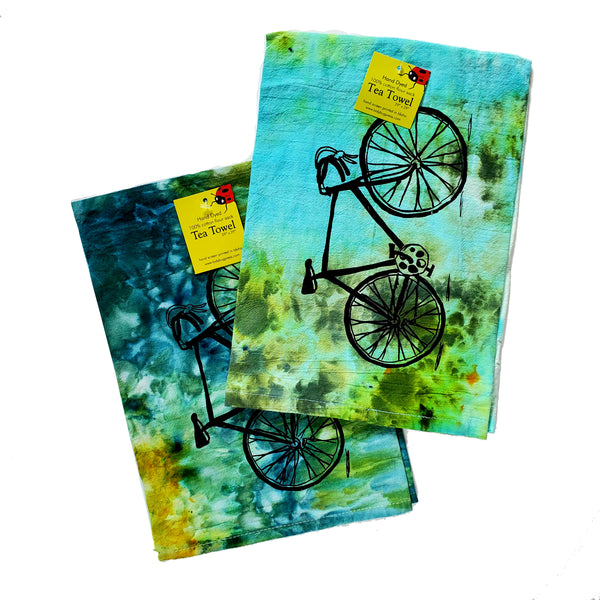 Dyed Bike Tea Towel, Screen Printed flour sack towel