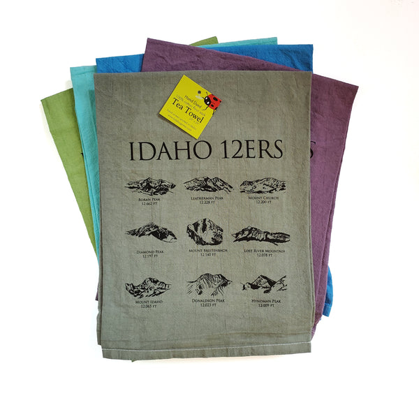 Dyed 12ers Idaho Mountains Peaks Tea Towel, Screen Printed flour sack towel