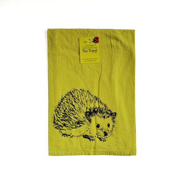 Dyed Hedgehog Tea Towel, Screen Printed flour sack