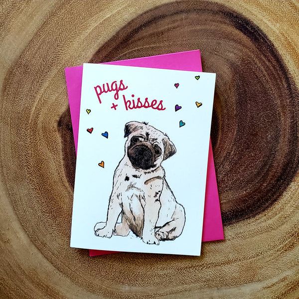 Pugs and kisses, letterpress printed card. Eco friendly