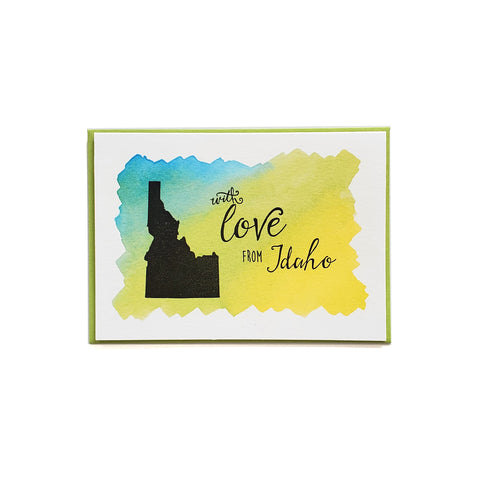 With love from Idaho card, hand water colored, letterpress printed eco friendly