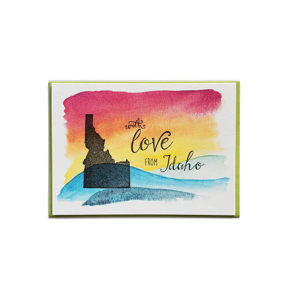 With love from Idaho card, hand water colored, letterpress printed eco friendly