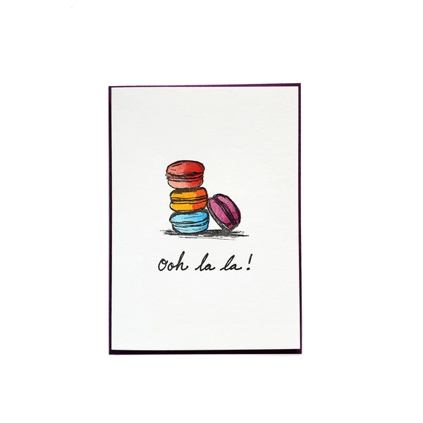 Ooh la la Macaron card, hand water colored, letterpress printed eco friendly