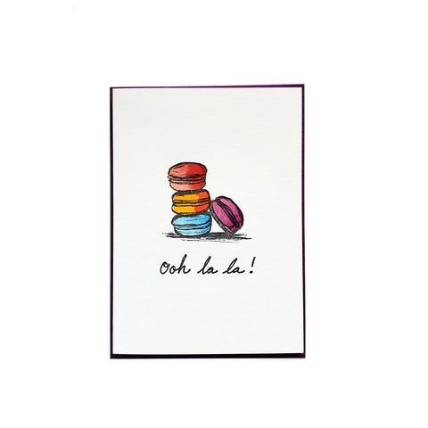 Ooh la la Macaron card, hand water colored, letterpress printed eco friendly
