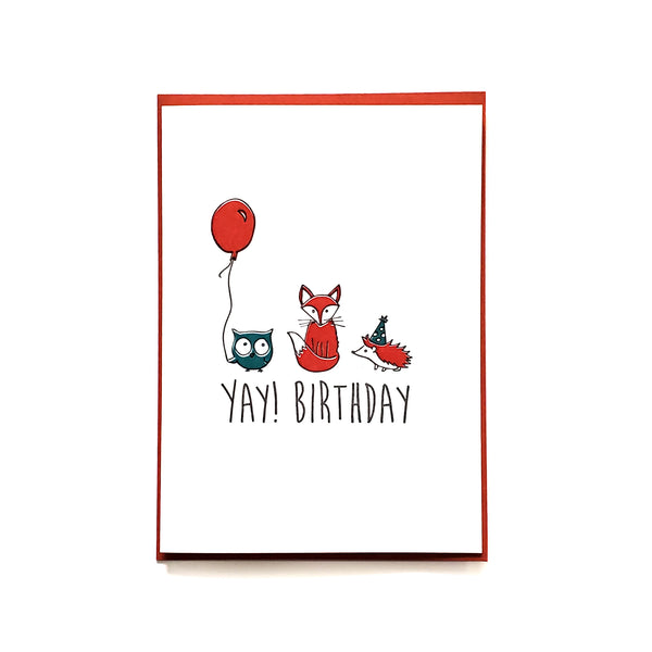 Yay! Birthday card, letterpress printed animals