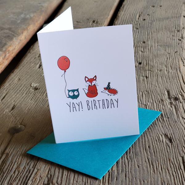 Yay! Birthday card, letterpress printed animals