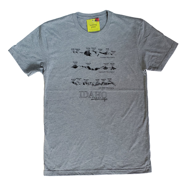 Idaho Mountain Ranges T-shirt, screen printed with eco-friendly waterbased inks, adult sizes