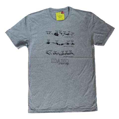 Idaho Mountain Ranges Grey T-shirt, screen printed with eco-friendly waterbased inks, adult sizes