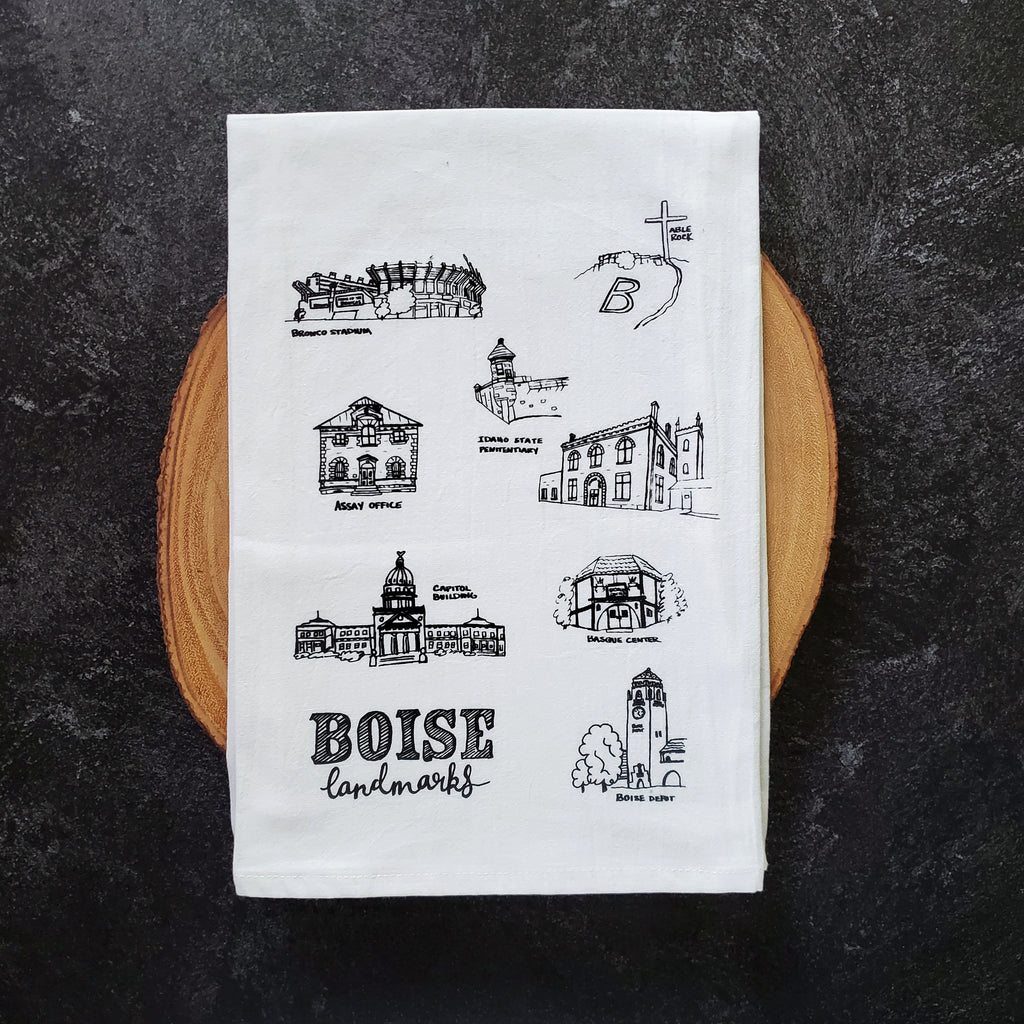 Boise Landmarks Tea Towel, Screen Printed flour sack dish towel