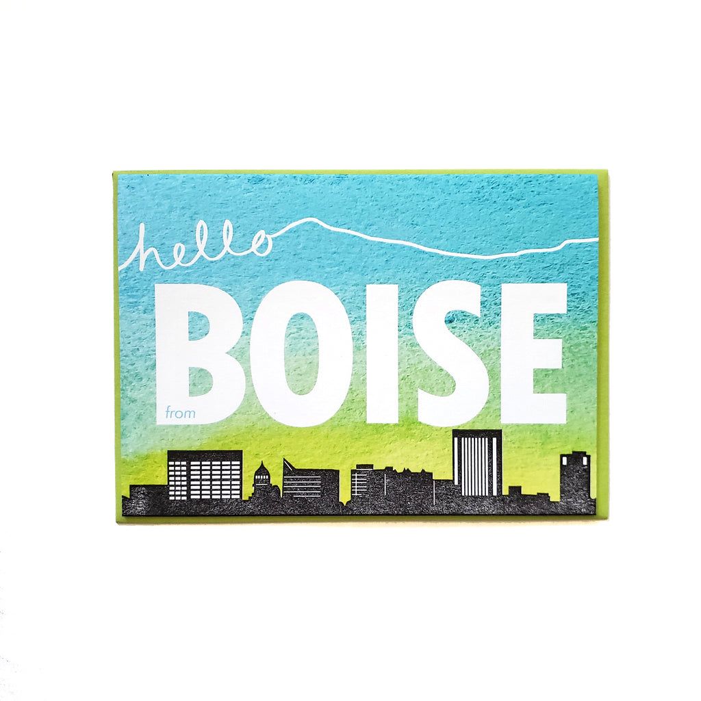 Hello Boise skyline, letterpress printed, eco-friendly