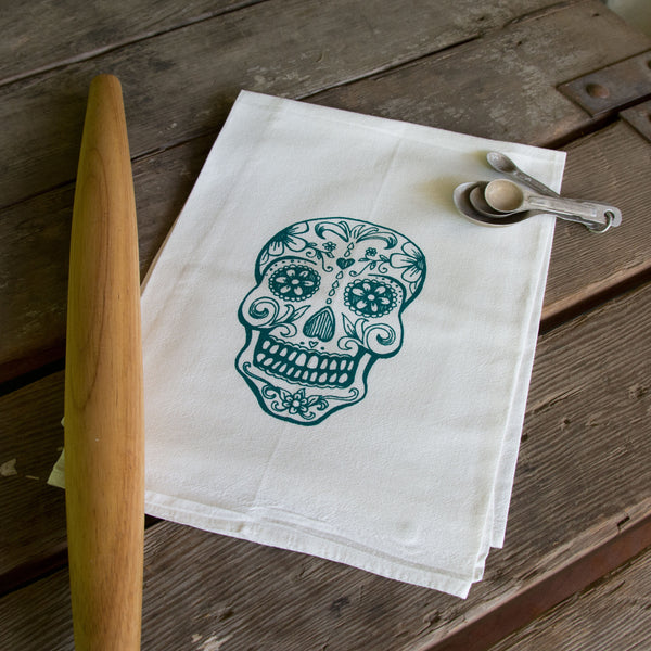Sugar Skull Tea Towel, Screen Printed flour sack towel