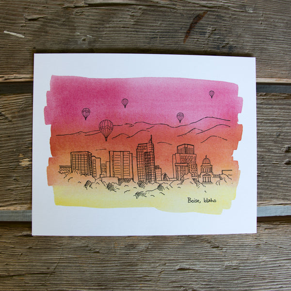 8x10 Boise Skyline Letterpress + Water Color Wash art print,  eco friendly