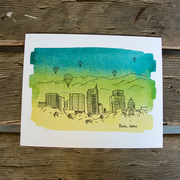 8x10 Boise Skyline Letterpress + Water Color Wash art print,  eco friendly