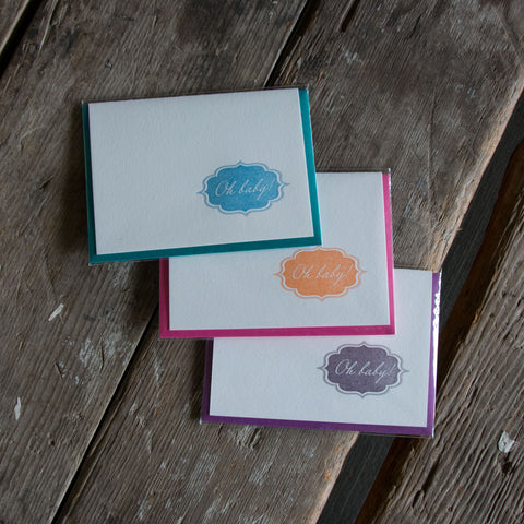 Oh Baby letterpress cards, letterpress printed card. New baby. Eco friendly