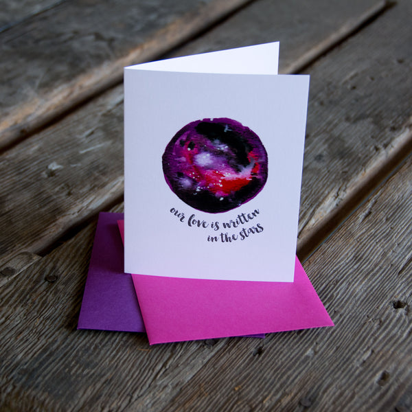 Nebula love card, our love is written in the stars, letterpress printed card. Eco friendly