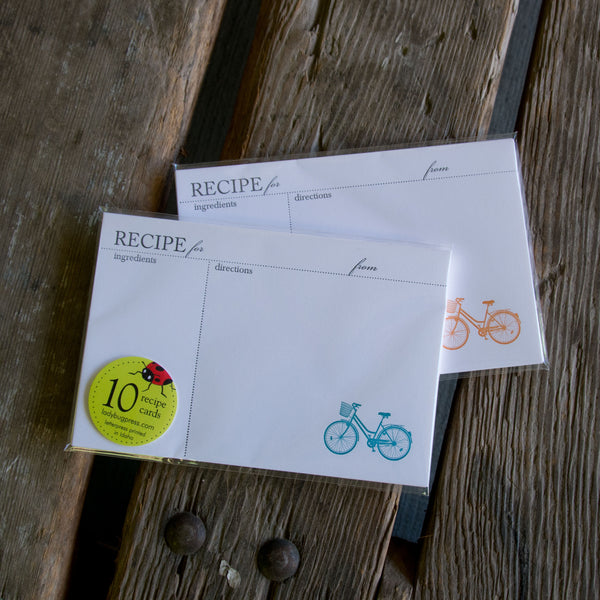 Cruiser Bike Recipe Cards, single color, modern design (Letterpress printed, 4x6 inches)