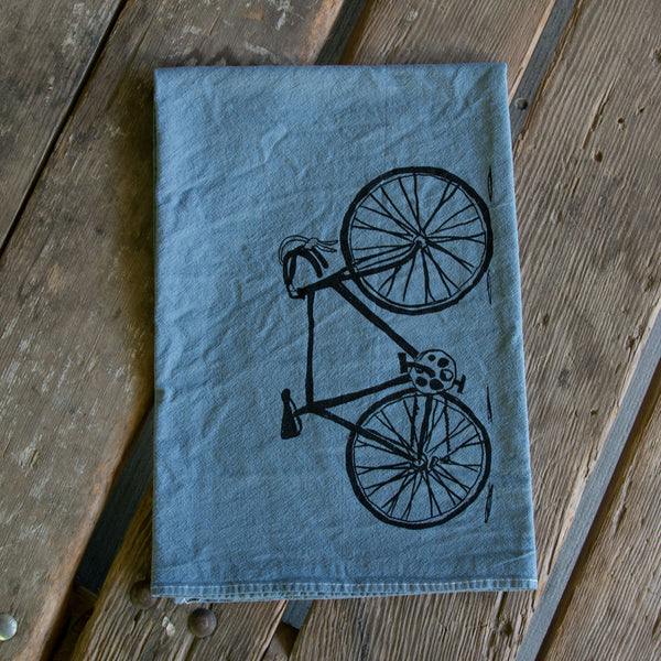 Dyed Bike Tea Towel, Screen Printed flour sack towel