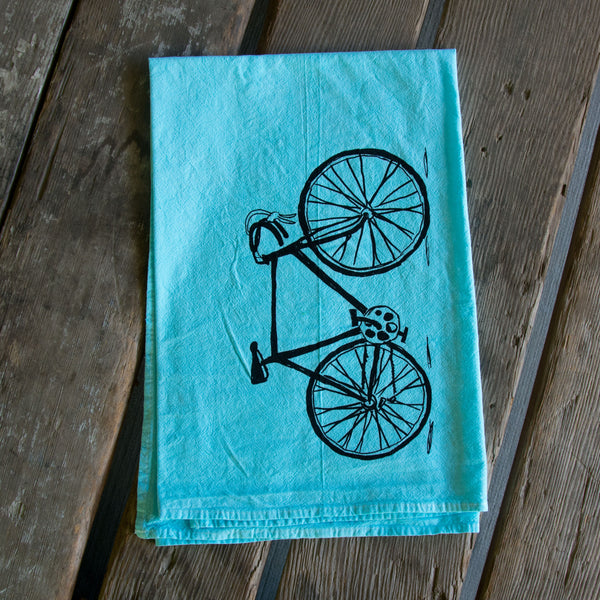 Dyed Bike Tea Towel, Screen Printed flour sack towel