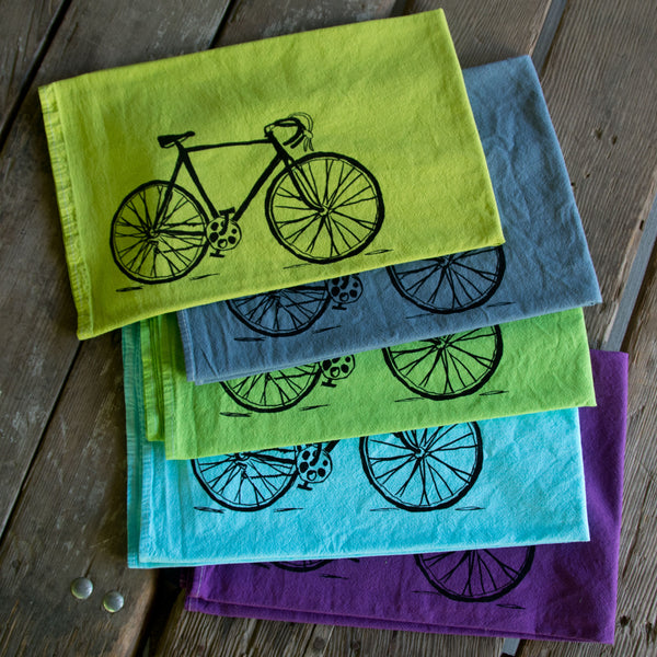 Dyed Bike Tea Towel, Screen Printed flour sack towel