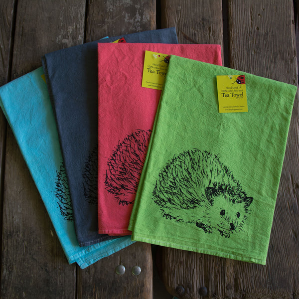 Dyed Hedgehog Tea Towel, Screen Printed flour sack