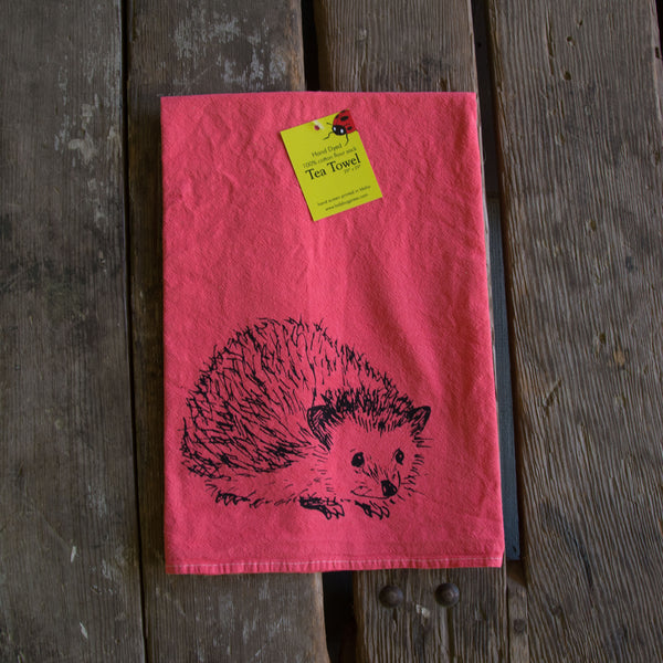 Dyed Hedgehog Tea Towel, Screen Printed flour sack
