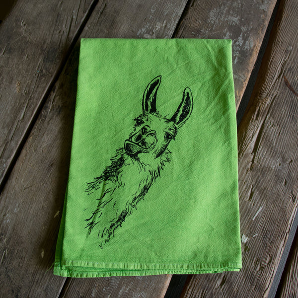Dyed Llama tea towel, Screen Printed flour sack towel