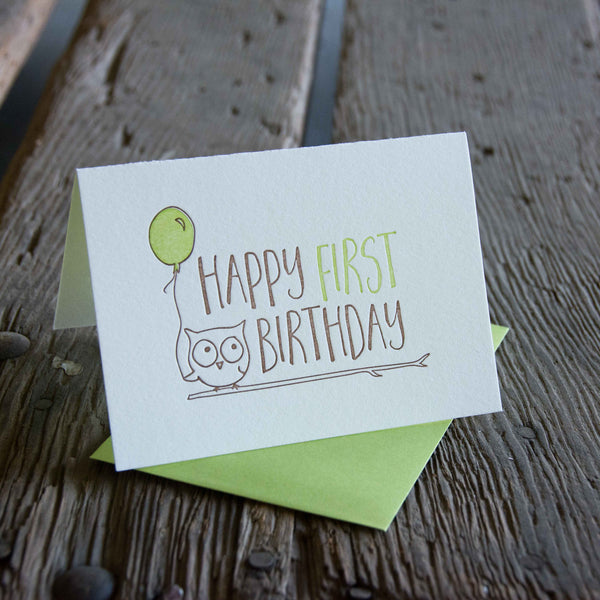 Happy First Birthday card, letterpress printed animals