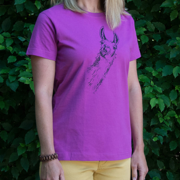 Llama T-shirt, screen printed with eco-friendly waterbased inks, adult sizes
