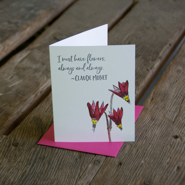 Claude Monet quote card, shooting star wildflower quote, letterpress printed card. Eco friendly