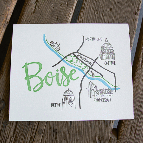 Boise Map Art Print, letterpress art print eco friendly