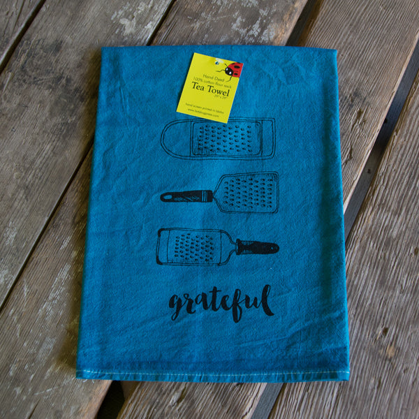 Dyed Grateful tea towel, Screen Printed flour sack dish towel
