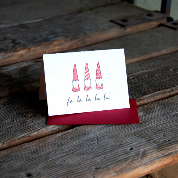 fa la la la gnomes, single card, letterpress printed, eco friendly