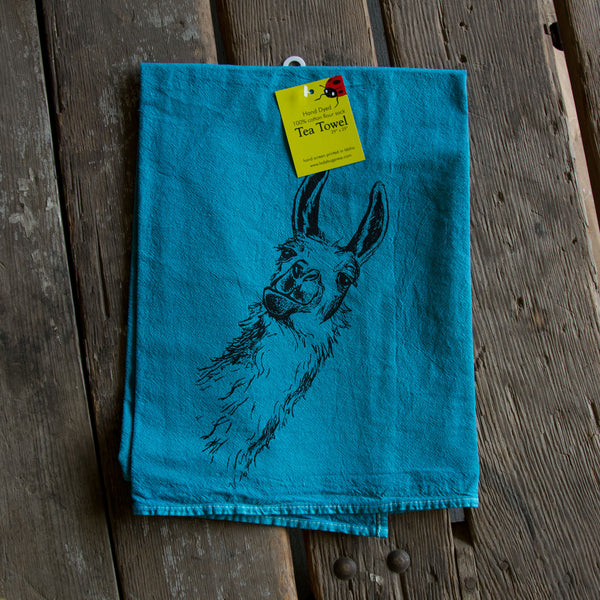Dyed Llama tea towel, Screen Printed flour sack towel