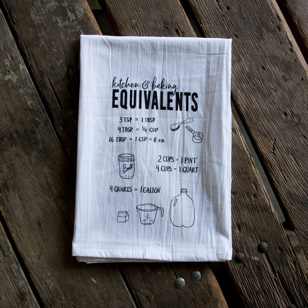Baking Equivalents Tea Towel, Screen Printed flour sack towel