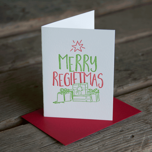 Merry Regiftmas holiday card, letterpress printed, eco friendly