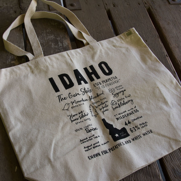 Idaho Facts Tote Bag, Screen Printed Large heavy duty canvas bag