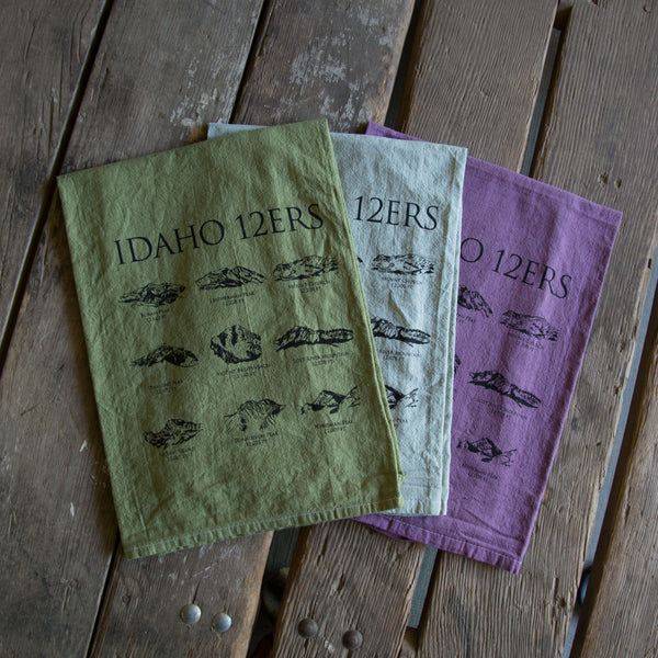 Dyed 12ers Idaho Mountains Peaks Tea Towel, Screen Printed flour sack towel