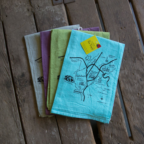 Dyed Sun Valley Map Tea Towel, Screen Printed flour sack towel