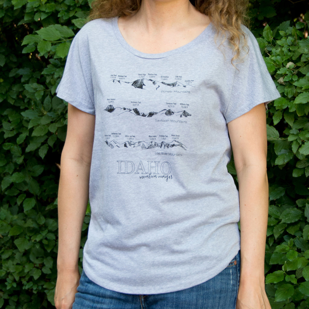 Idaho Mountain Ranges T-shirt, screen printed with eco-friendly waterbased  inks, adult sizes