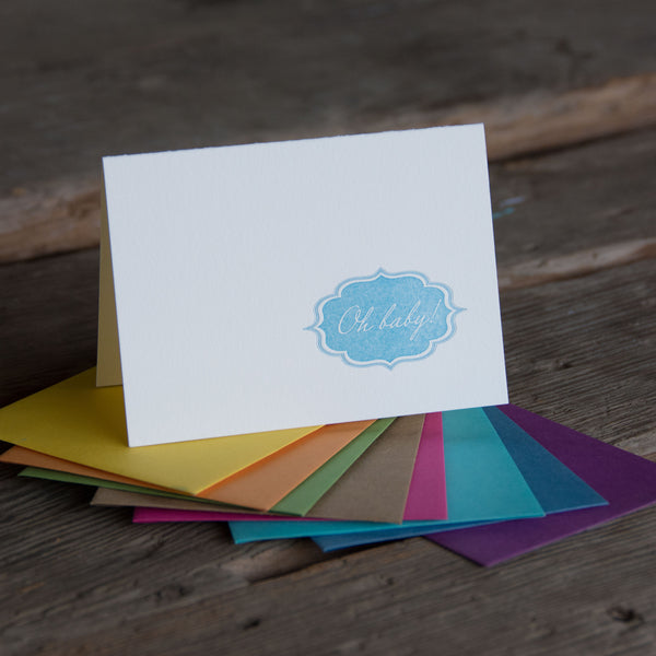 Oh Baby letterpress cards, letterpress printed card. New baby. Eco friendly