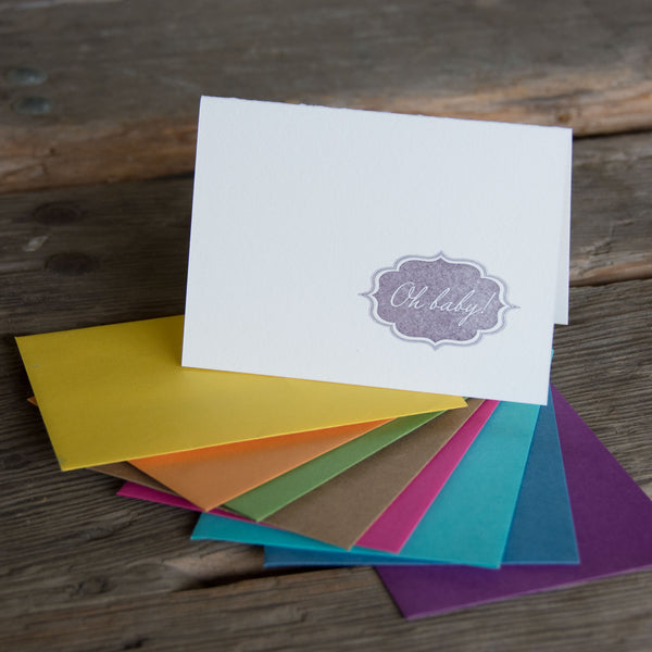 Oh Baby letterpress cards, letterpress printed card. New baby. Eco friendly