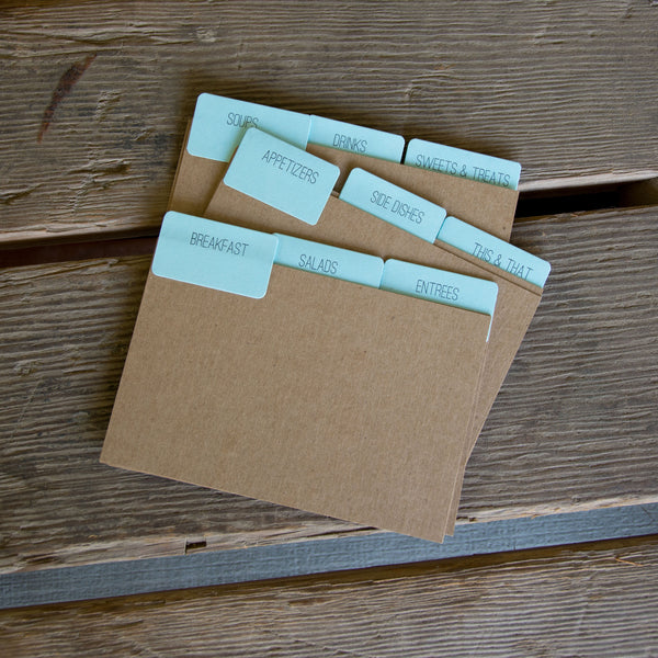 9 recipe card dividers, letterpress printed tabbed dividers with no recipe cards