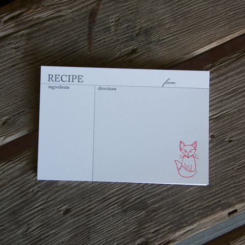 Fox Recipe Cards, modern design (Letterpress printed, 4x6 inches)