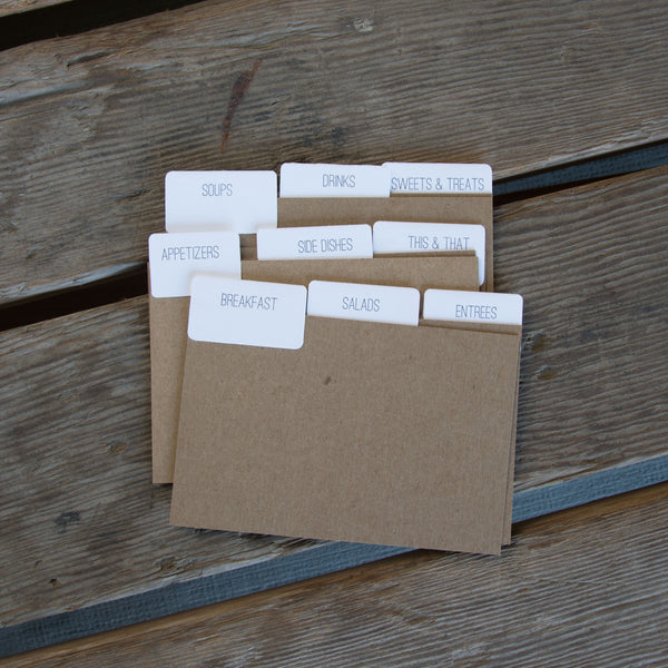 9 recipe card dividers, letterpress printed tabbed dividers with no recipe cards