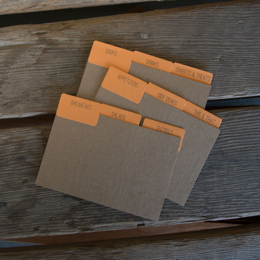 9 recipe card dividers, letterpress printed tabbed dividers with