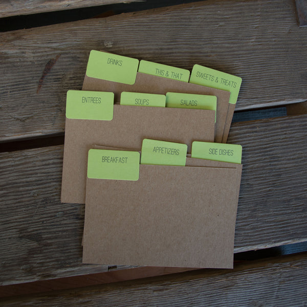 9 recipe card dividers, letterpress printed tabbed dividers with no recipe cards