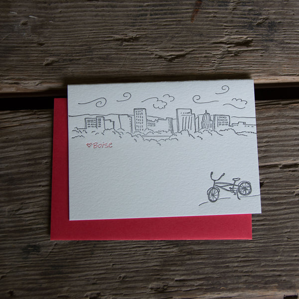 Boise Bike Skyline card, Heart BOISE letterpress printed eco friendly