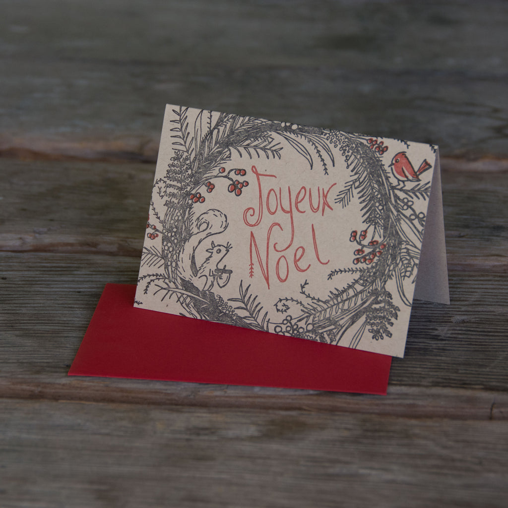 Joyeux Noel Woodland Wreath Holiday card, letterpress printed, eco friendly
