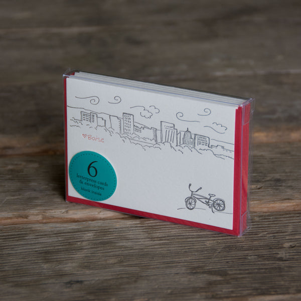 Boise Bike Skyline card, Heart BOISE letterpress printed eco friendly